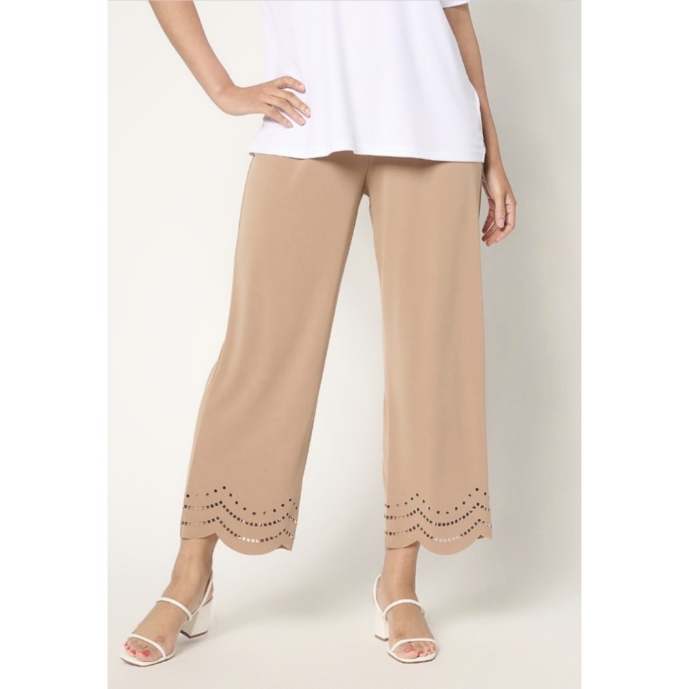 Susan Graver Liquid Knit Crop Pants Laser Cut Hem XL Beige Resortwear Casual